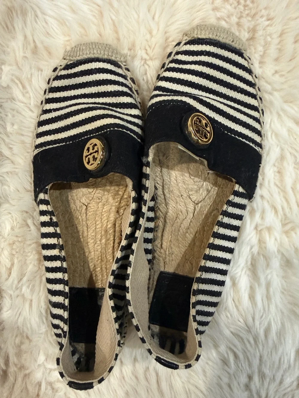 Tory Burch Black & White Striped Espadrille Flats